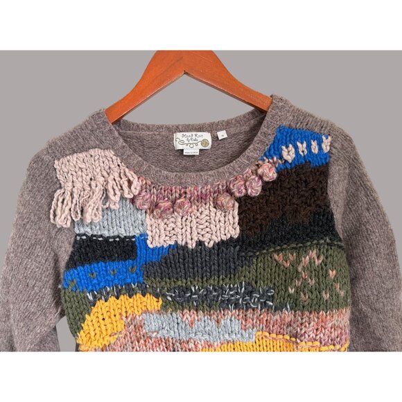 Hand Knit By Dolly Multicolor Wool Blend Patchwork Sweater With Fringe & Texture - Picture 2 of 8